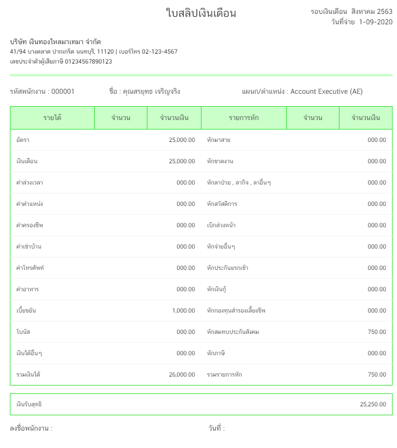 ตัวอย่าง สลิปเงินเดือน ( Pay Slip )